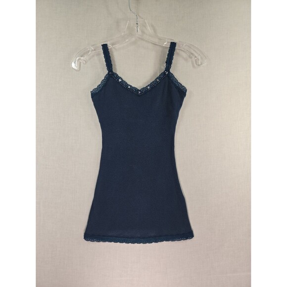 Y2K Aeropostale Cami Tank Top Shelf Bra Lace Trim Blue Ribbed Sz XS Embellished - Picture 1 of 8